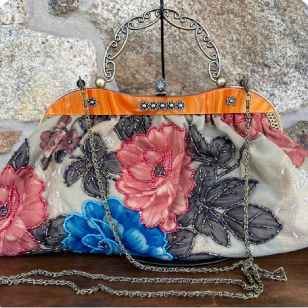Floral Embroidered Beaded Clutch with Orange Frame